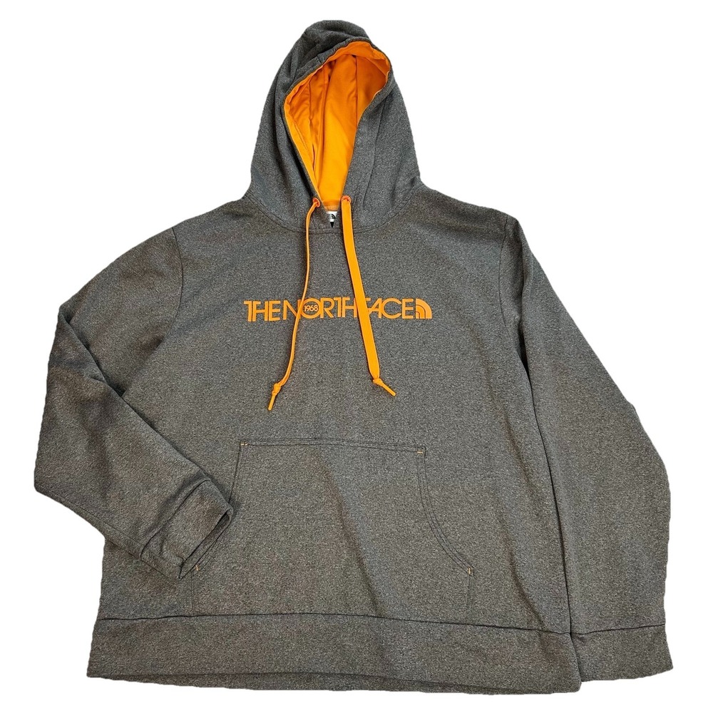 The North Face Hoodie Mens XL Heather Gray Orange Spellout Logo Pullover